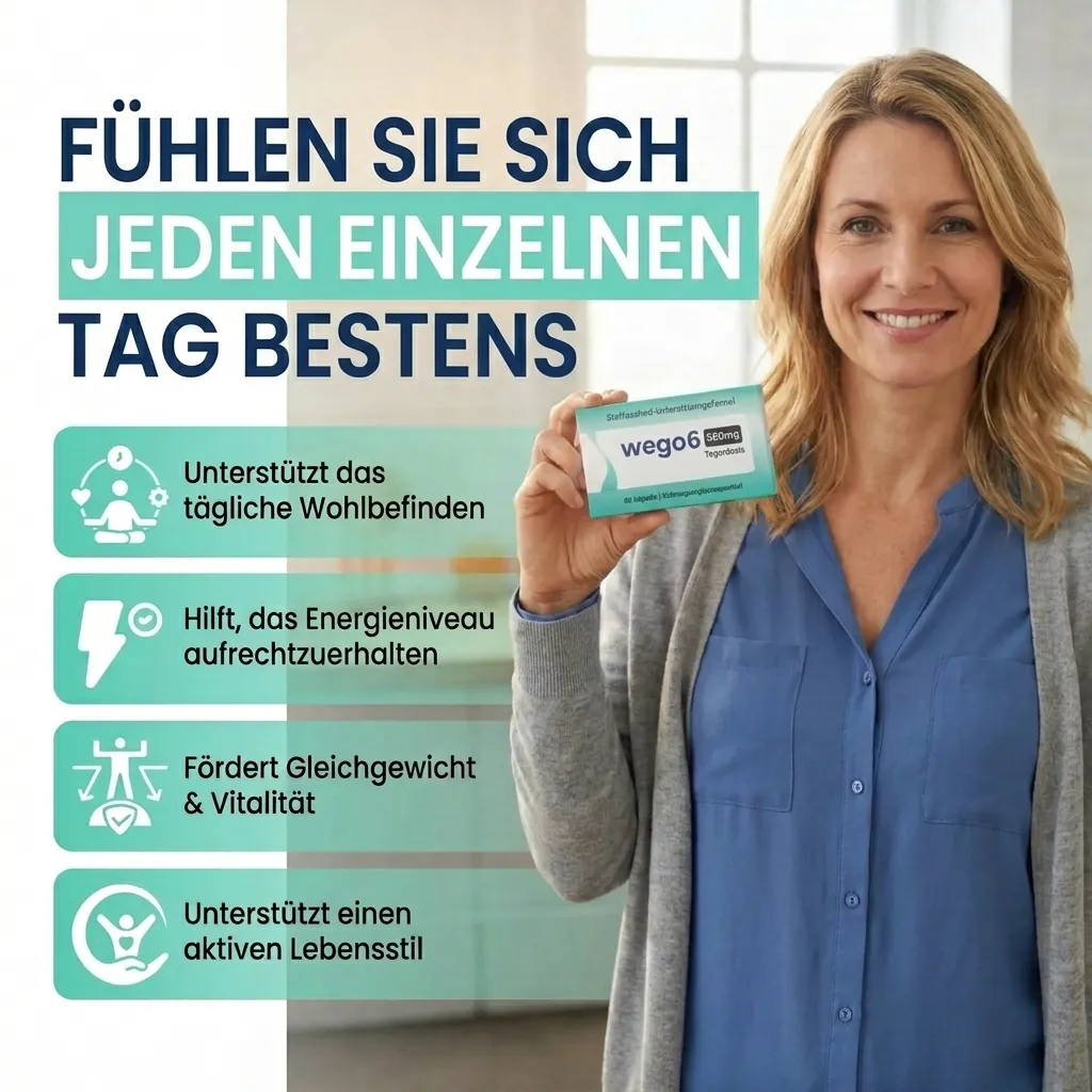 Frau hält wego6 Kapseln — täglich mehr Energie und natürliche Balance